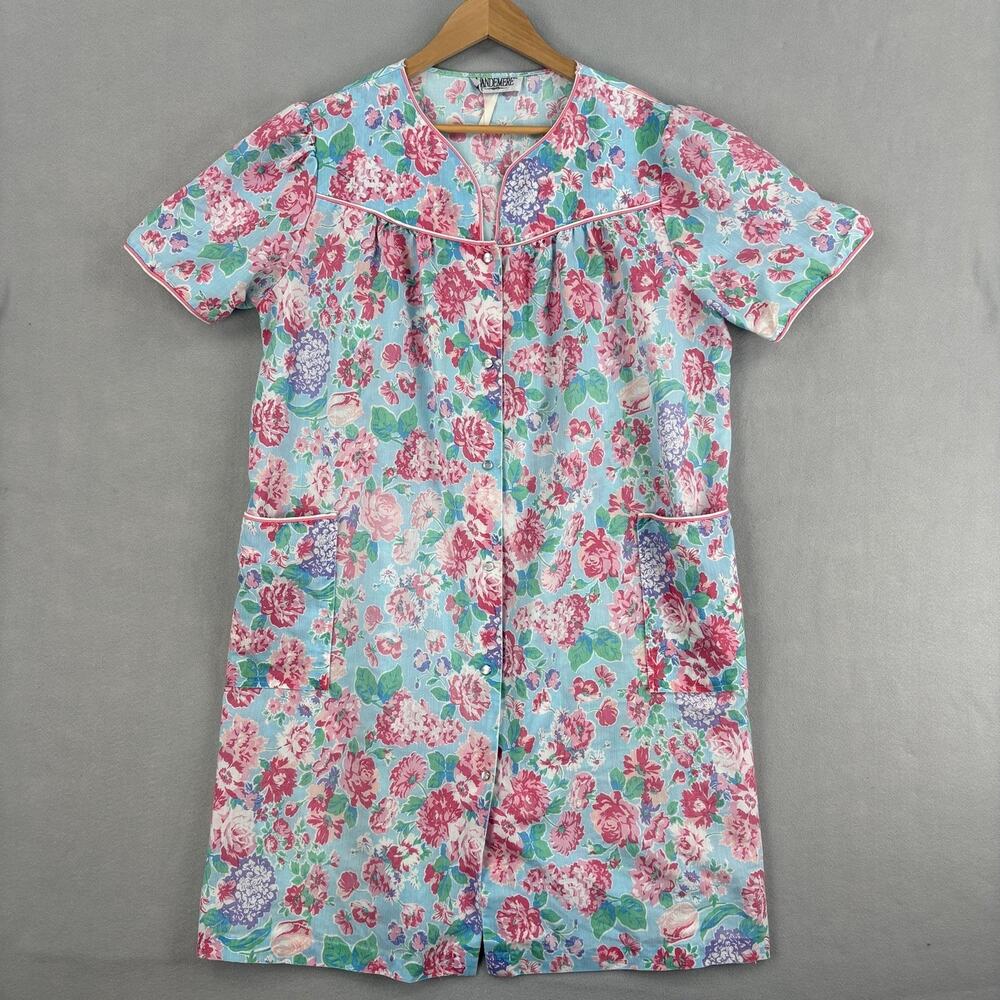 Vintage Vandemere Robe Womens Medium Blue Floral Cotton Kaftan Housecoat Pockets